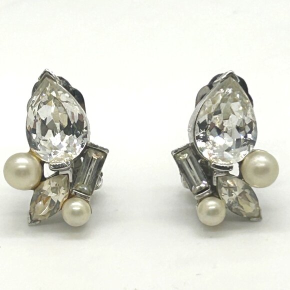 Marvella Jewelry - Marvella Vintage 1950s Pearl & Rhinestone Silver-Tone Clip-On Bridal Elegant